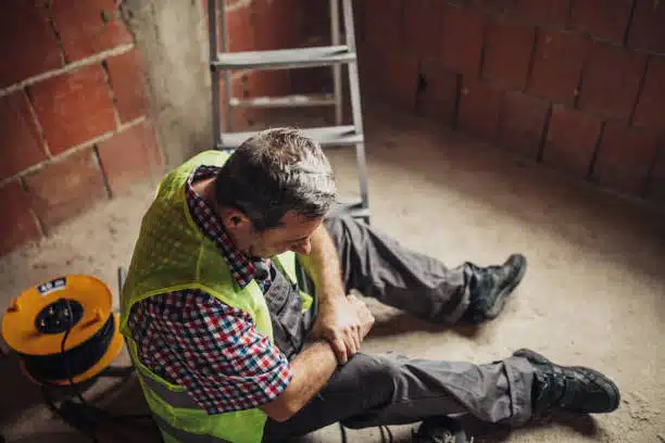 A man in safety vest sitting on the ground.